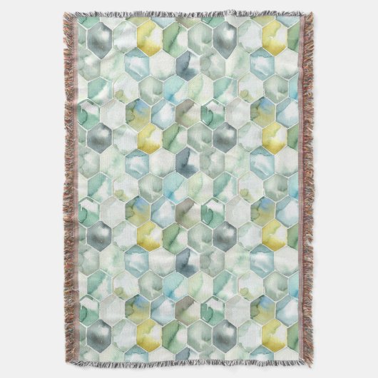 Blaues u. grünes Aquarell Honycomb Muster Decke (Vorderseite Vertikal)