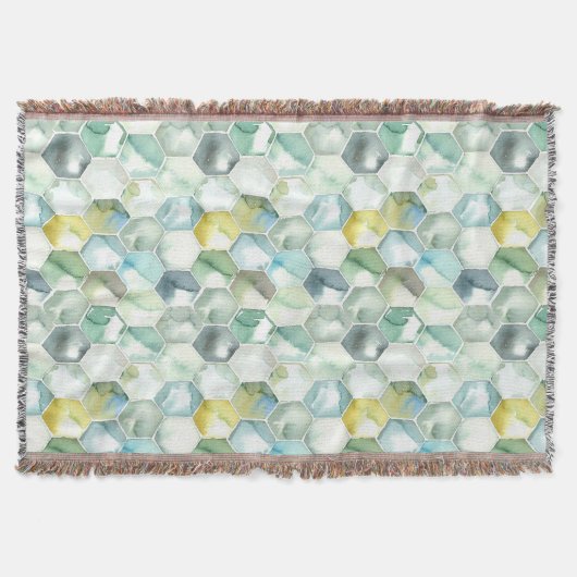 Blaues u. grünes Aquarell Honycomb Muster Decke (Vorderseite)