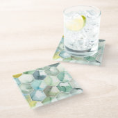 Blaues u. grünes Aquarell Honycomb Muster Glasuntersetzer (Schrägansicht)