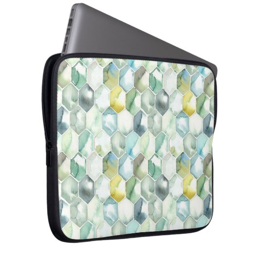 Blaues u. grünes Aquarell Honycomb Muster Laptopschutzhülle (Vorne Rechts)