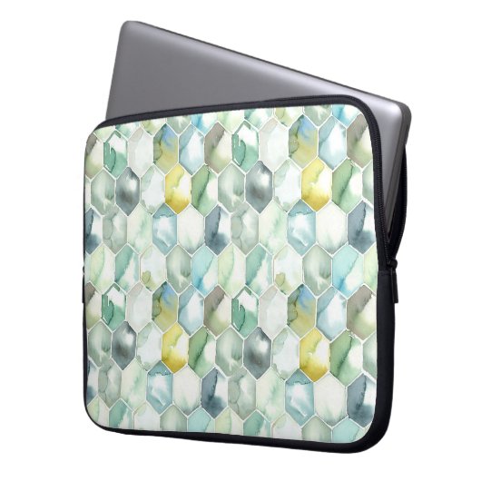 Blaues u. grünes Aquarell Honycomb Muster Laptopschutzhülle (Vorderseite Links)
