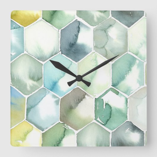 Blaues u. grünes Aquarell Honycomb Muster Quadratische Wanduhr (Vorderseite)