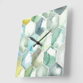Blaues u. grünes Aquarell Honycomb Muster Quadratische Wanduhr (Winkel)