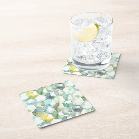 Blaues u. grünes Aquarell Honycomb Muster Rechteckiger Pappuntersetzer (Vor Ort)
