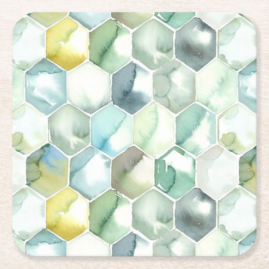 Blaues u. grünes Aquarell Honycomb Muster Rechteckiger Pappuntersetzer (Vorderseite)