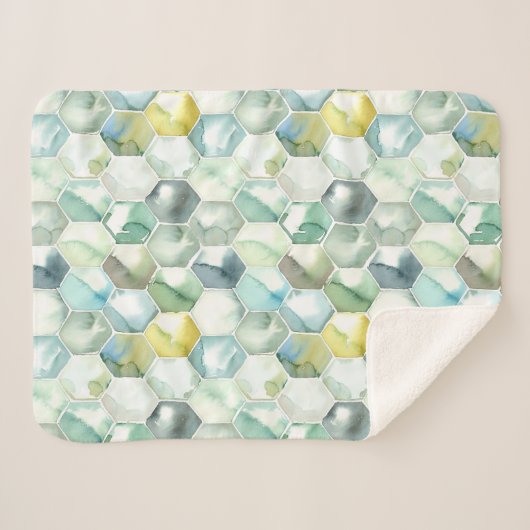 Blaues u. grünes Aquarell Honycomb Muster Sherpadecke (Vorderseite (Horizontal))