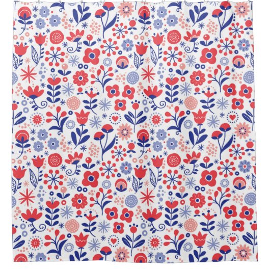 Blaues u. korallenrotes Blumenmuster Duschvorhang (Vorderseite)