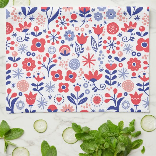 Blaues u. korallenrotes Blumenmuster Geschirrtuch (Gefaltet)