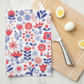 Blaues u. korallenrotes Blumenmuster Geschirrtuch (Viertel Falte)