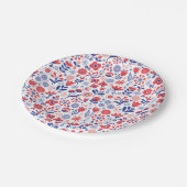 Blaues u. korallenrotes Blumenmuster Pappteller (Schrägansicht)