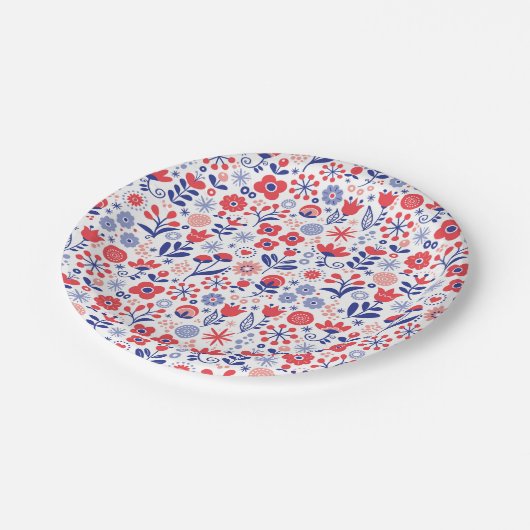 Blaues u. korallenrotes Blumenmuster Pappteller (Schrägansicht)