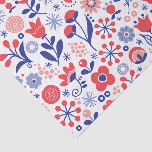 Blaues u. korallenrotes Blumenmuster Seidenpapier (Ausschnitt)