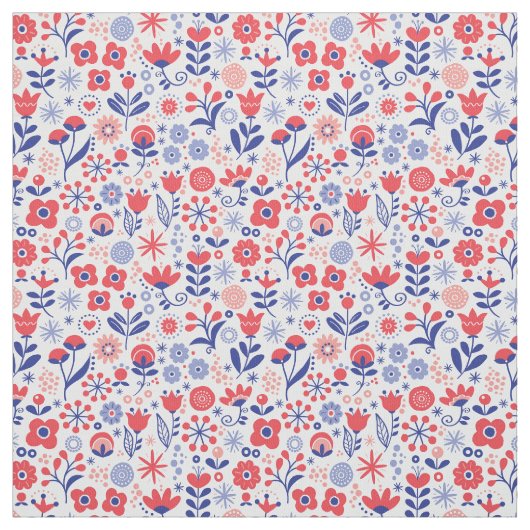 Blaues u. korallenrotes Blumenmuster Stoff (Muster)