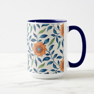 Blaues u. orange Blumenmuster Tasse