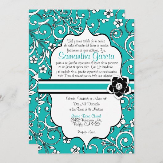 Blaues u. schwarzes Spanisch Quinceañera Einladung (Vorne/Hinten)