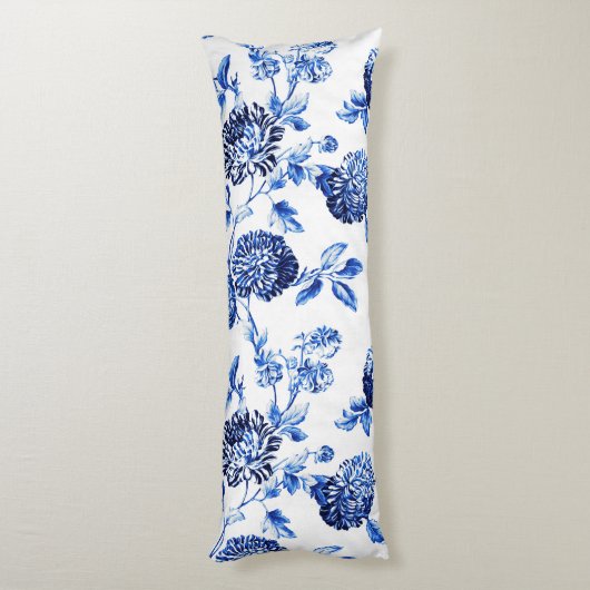 Blaues u. weißes botanisches BlumenToile Seitenschläferkissen (Rückseite (Vertikal))