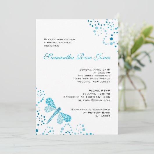 Blaues u. weißes Libellepointillism-Brautparty Einladung (Stehend Vorderseite)