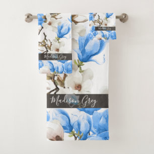 Blaues u. weißes Magnolien-Blüten-Aquarell-Muste Badhandtuch Set