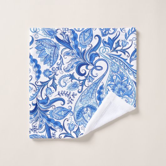 Blaues u. weißes Paisley-Muster Badhandtuch Set (Waschlappen)