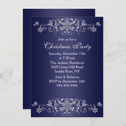Blaues u. weißes Schneeflocke-WeihnachtsParty Einladung (Vorne/Hinten)