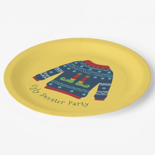 Blaues Ugly Sweater mit Elf Feet Pappteller (Schrägansicht)