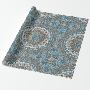 Blaues und Beiges Mandala Intrigates geometrisches Geschenkpapier
