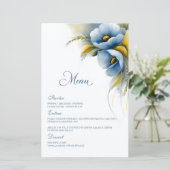 Blaues und gelbes Blumenhochzeitsmenü (Stehend Vorderseite)
