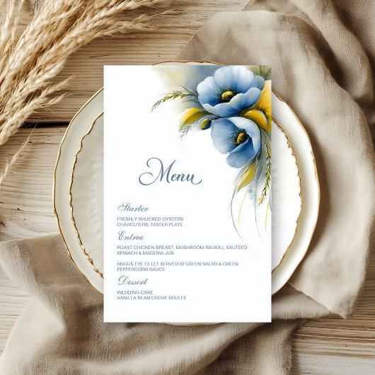 Blaues und gelbes Blumenhochzeitsmenü