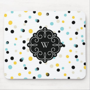 Blaues und gelbes Confetti-Punkt-Muster-Monogramm Mousepad