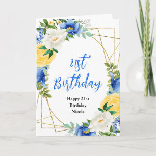 Blaues und Gelbes Florales Geburtstagsmotiv Karte