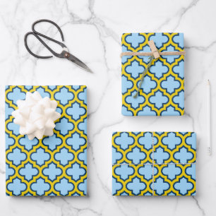 Blaues und gelbes Gitter, Gitterwerk, Vierpass Geschenkpapier Set