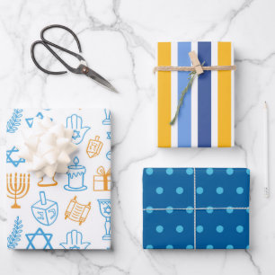 Blaues und gelbes Hanukkah-Umschlagpapier Geschenkpapier Set