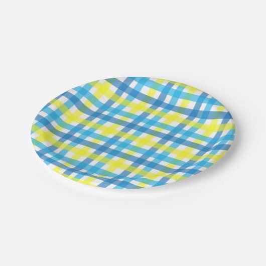 Blaues und gelbes Karo-Party des Chic Pappteller (Schrägansicht)