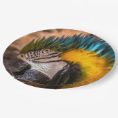 Blaues und gelbes Makaportrait Pappteller (Schrägansicht)