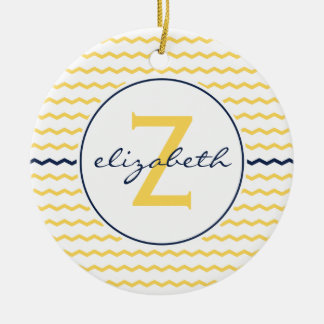 Blaues und gelbes Zickzack Monogramm Keramik Ornament