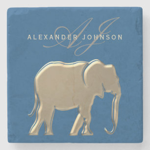Blaues und goldenes Elefant Monogramm Steinuntersetzer