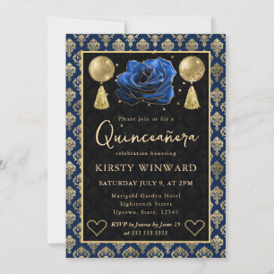 Blaues und goldenes Herz Damast & Rose Quinceanera Einladung