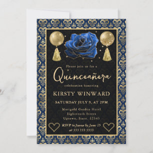 Blaues und goldenes Herz Damast & Rose Quinceanera Einladung