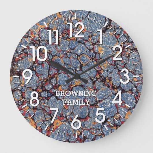 Blaues und goldmarmoriertes Papier mit Namen Große Wanduhr (Vorderseite)