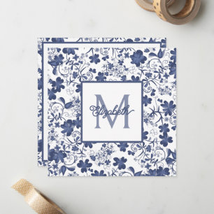 Blaues und graues florales Monogramm Mitteilungskarte