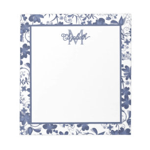 Blaues und graues florales Monogramm Notizblock