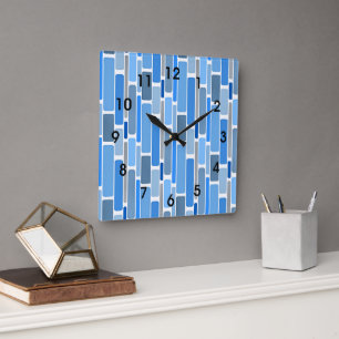 Blaues und graues geometrisches Muster, Quadratische Wanduhr
