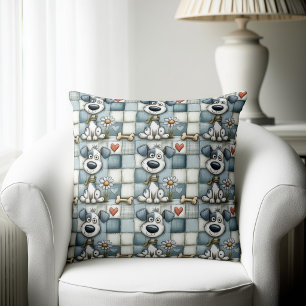 Blaues und Graues Patchwork-Hundemuster Kissen