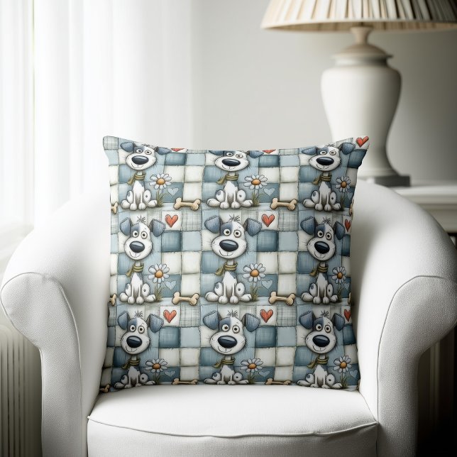 Blaues und Graues Patchwork-Hundemuster Kissen (Von Creator hochgeladen)