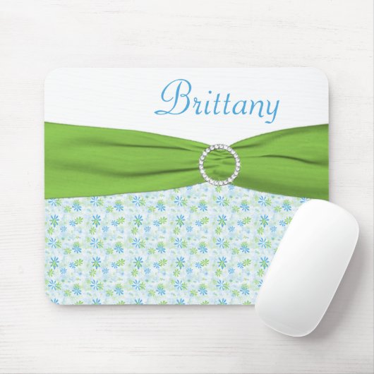 Blaues und grünes BlumenMousepad mit Namen Mousepad (Mit Mouse)