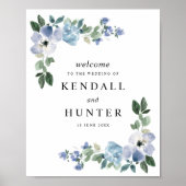 Blaues und grünes Blumenzeichen Poster (Vorne)