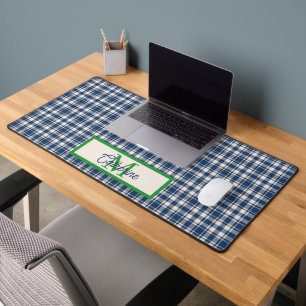 Blaues und grünes Gingham-Karo-Tartan-Monogramm Schreibtischunterlage
