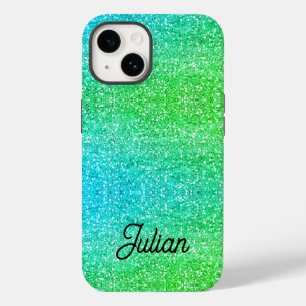 Blaues und grünes Glitzer-Funkeln mit Monogramm-Fa Case-Mate iPhone 14 Hülle