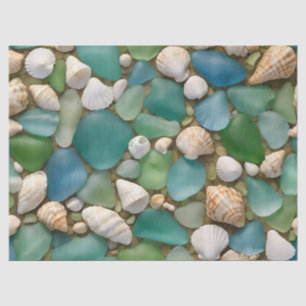 Blaues und grünes Meerwasserglas- und Muschel-Seid Seidenpapier