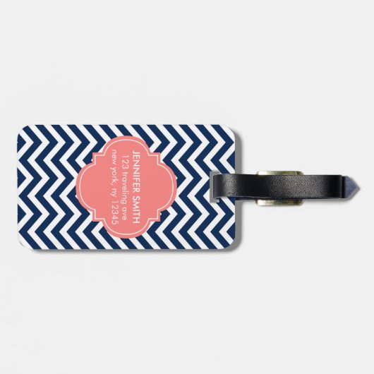 Blaues und korallenrotes Zickzack-Muster-Monogramm Gepäckanhänger (Rückseite horizontal)